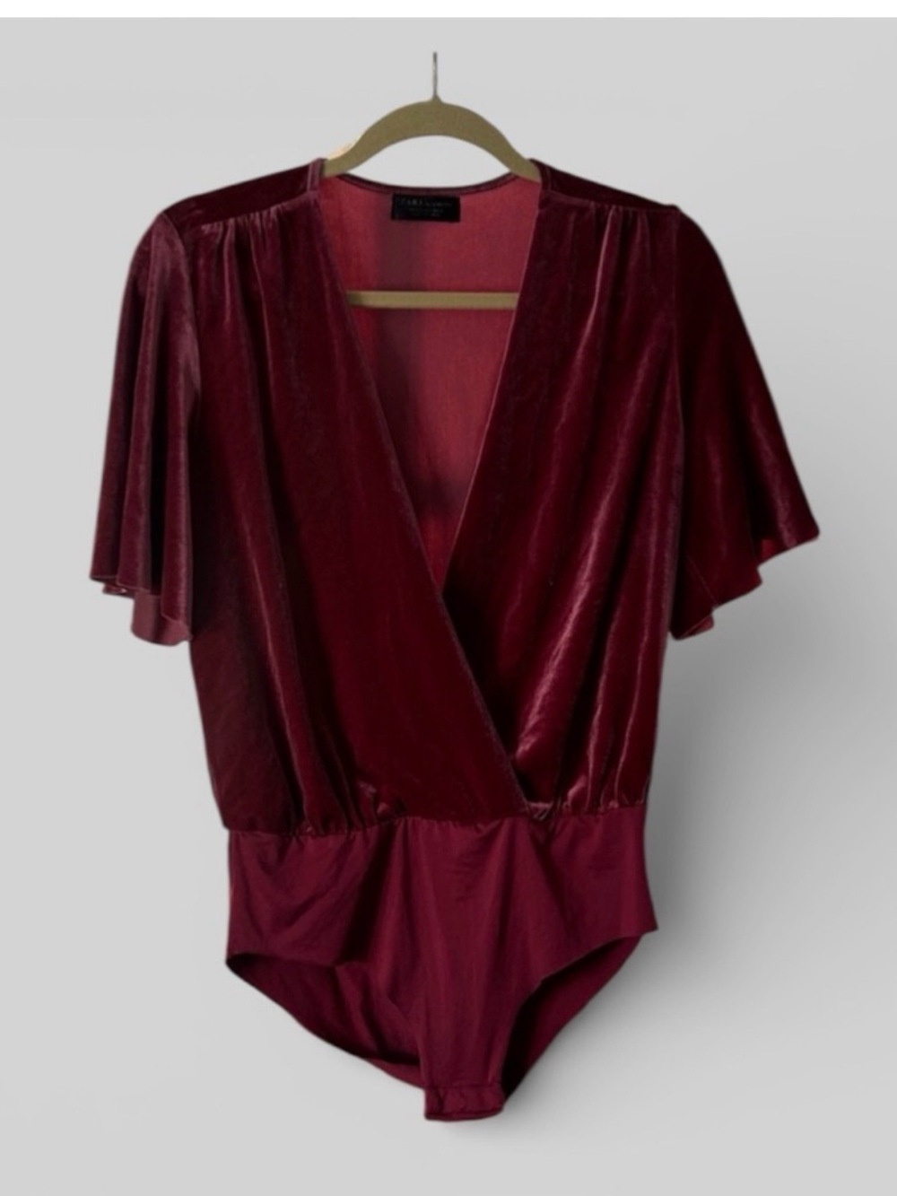 ZARA‎ Velvet Plunge Draped Bodysuit Blouse Berry/ Maroon, Medium